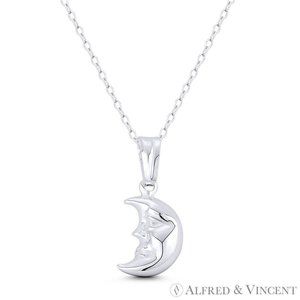 Smiling Face Crescent Moon Astrological Charm Pendant in .925 Sterling Silver